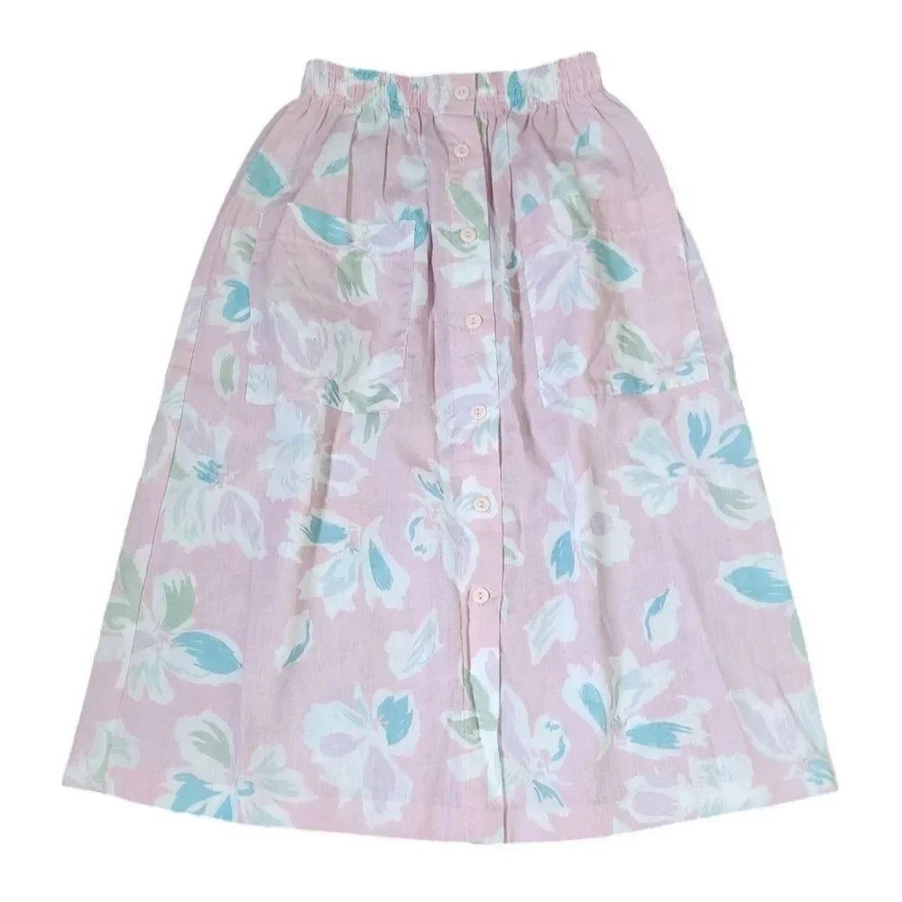 Vintage 80 A-line Skirt Womens Size Small Pink Floral Pockets Button Front Modes